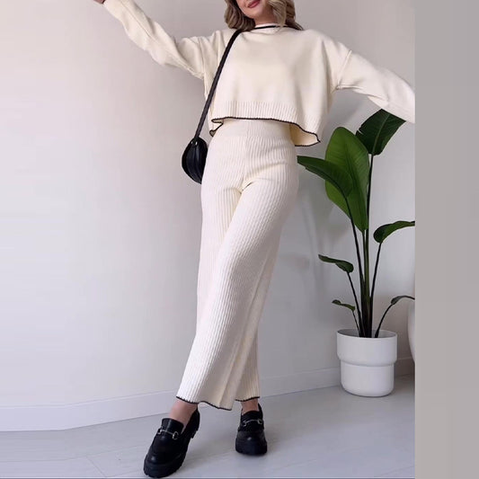 Elegantes Rundhals-Sweater-Set in einfarbiger Mode für Damen