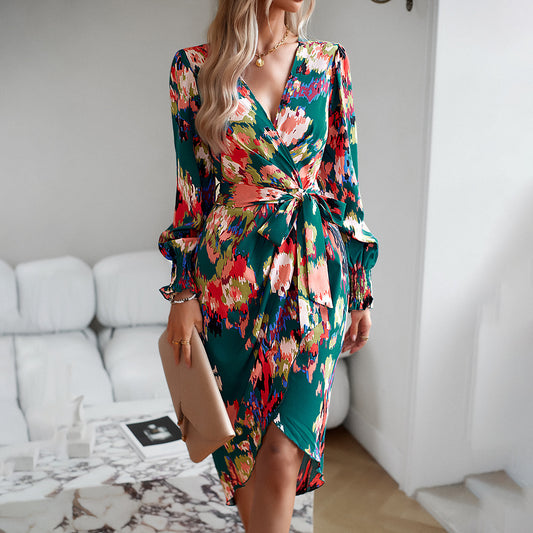 Herbst-Winter Bedrucktes V-Ausschnitt Kleid