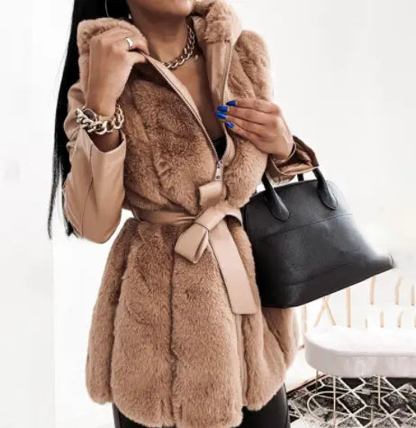 Neue Stil Pelz Gürtel Gürtel Mit Kapuze Zipper Jacke für Damen