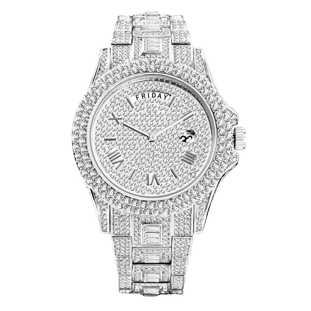 Modische High-End-Doppelkalender-Business-Uhr mit Voll-Diamant-Quarz