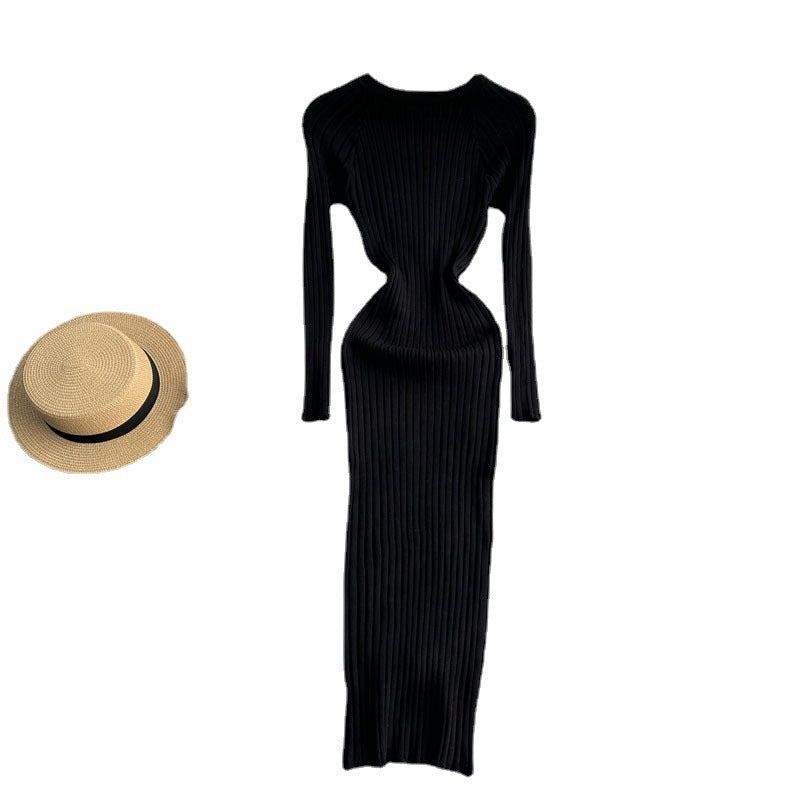 Herbst und Winter langärmliges Rundhals-Slim-Fit-Kleid mit betonter Taille