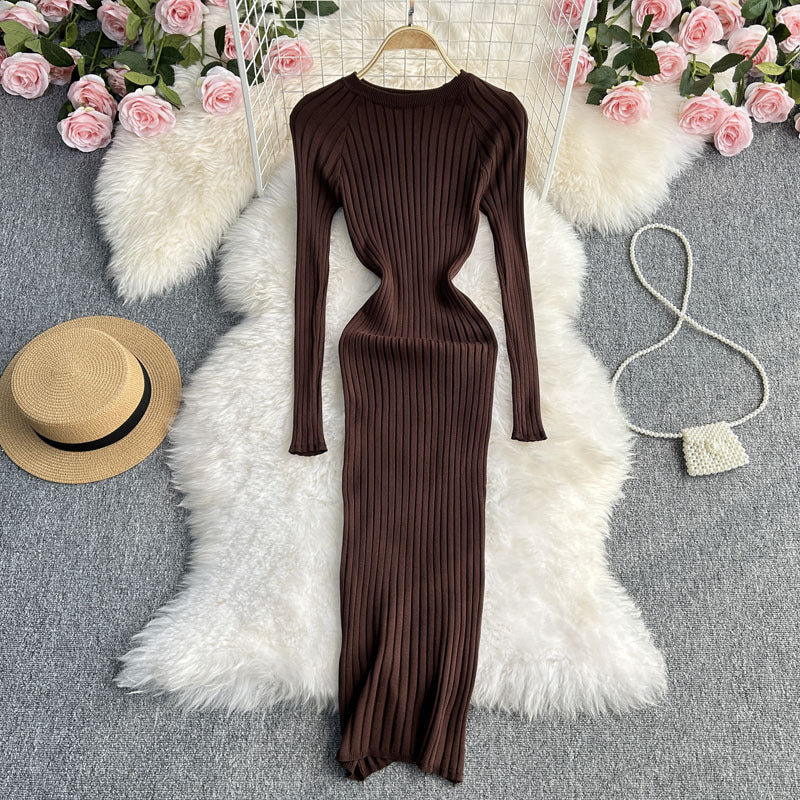 Herbst und Winter langärmliges Rundhals-Slim-Fit-Kleid mit betonter Taille