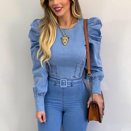 Damen Denim Langarmhemd mit kurzen Puffärmeln in einfarbiger Ausführung