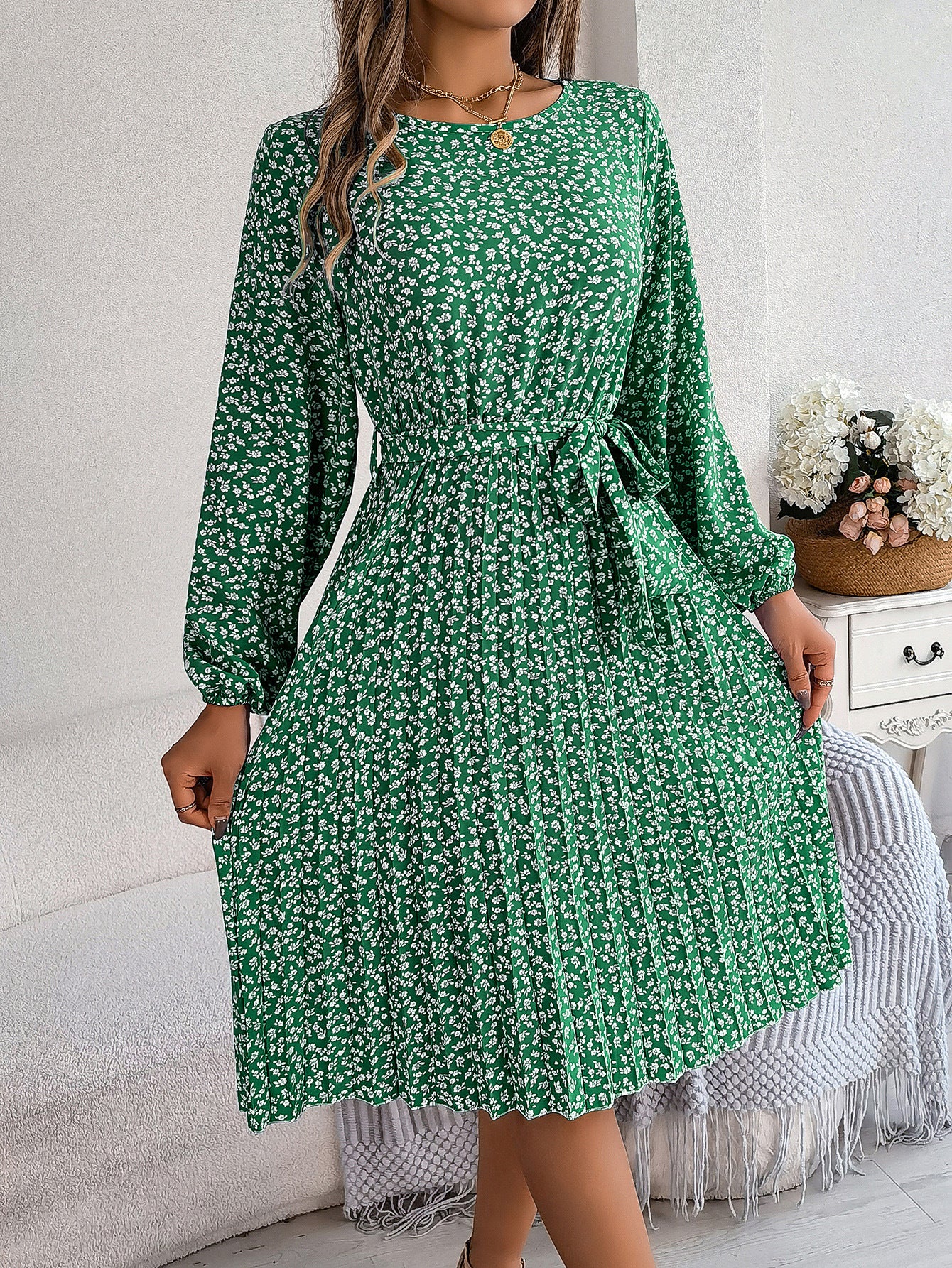 Blumenmuster Faltenrock mit langen Ärmeln für Damen