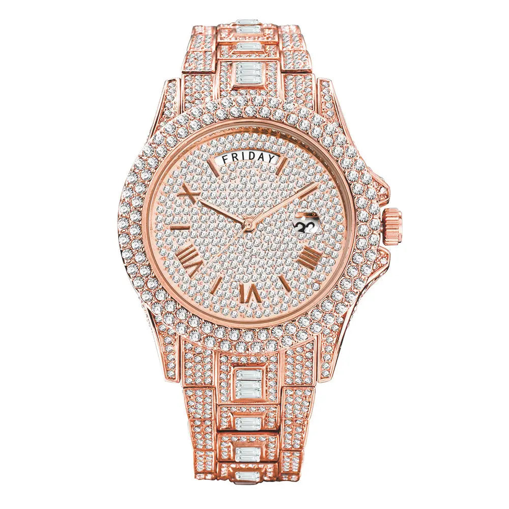 Modische High-End-Doppelkalender-Business-Uhr mit Voll-Diamant-Quarz