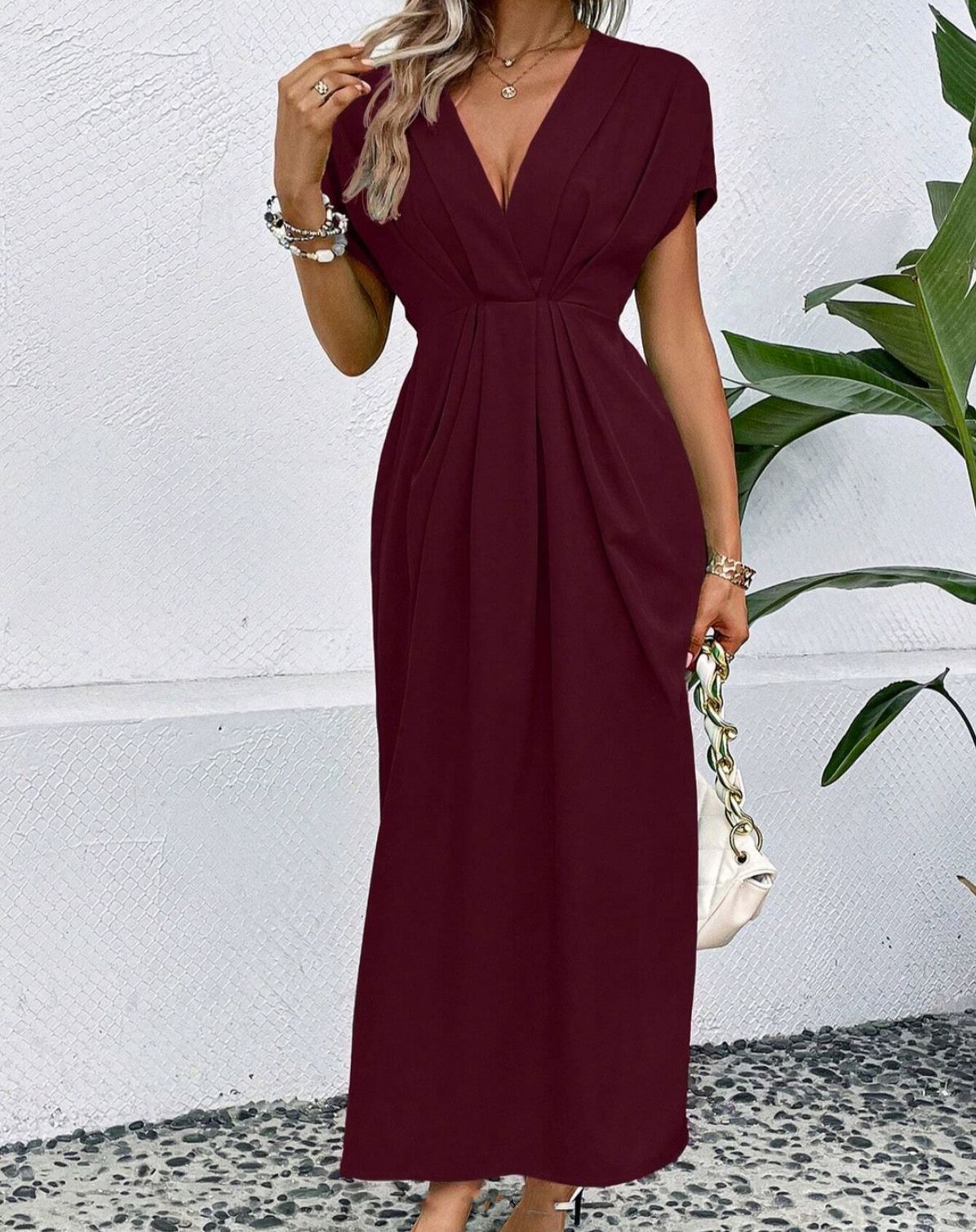 Uni-Farbe V-Ausschnitt Kleid