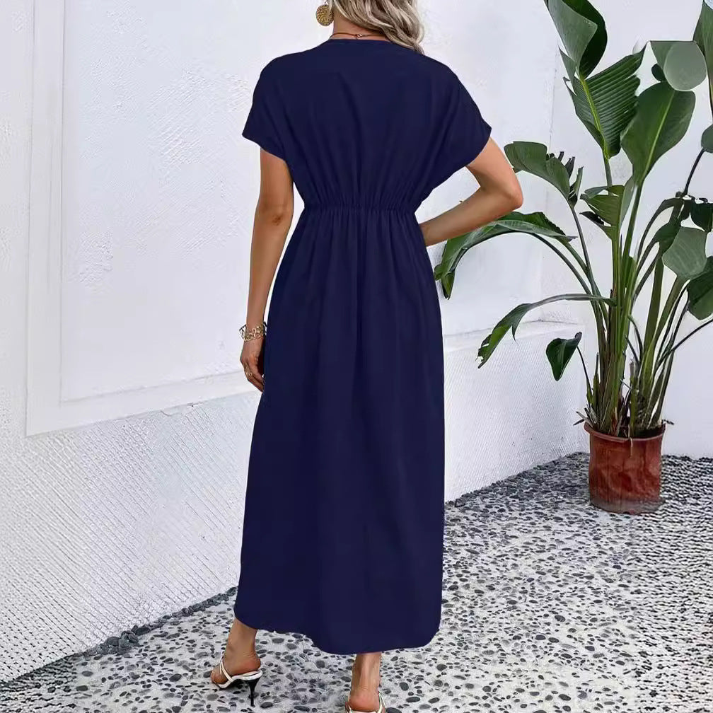 Uni-Farbe V-Ausschnitt Kleid