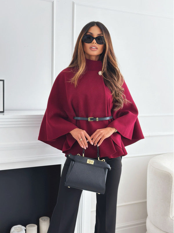 Damen Cape mit Stehkragen und Gürtel – Modischer Wollpullover-Stil - FashionGlam