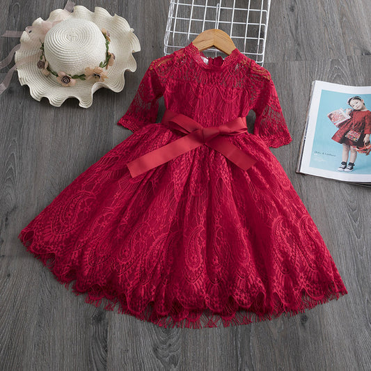 Frühlings- und Herbstkleid mit Spitze für Mädchen