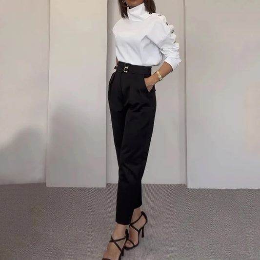 Schulterbluse und Hose Set mit hohem Kragen