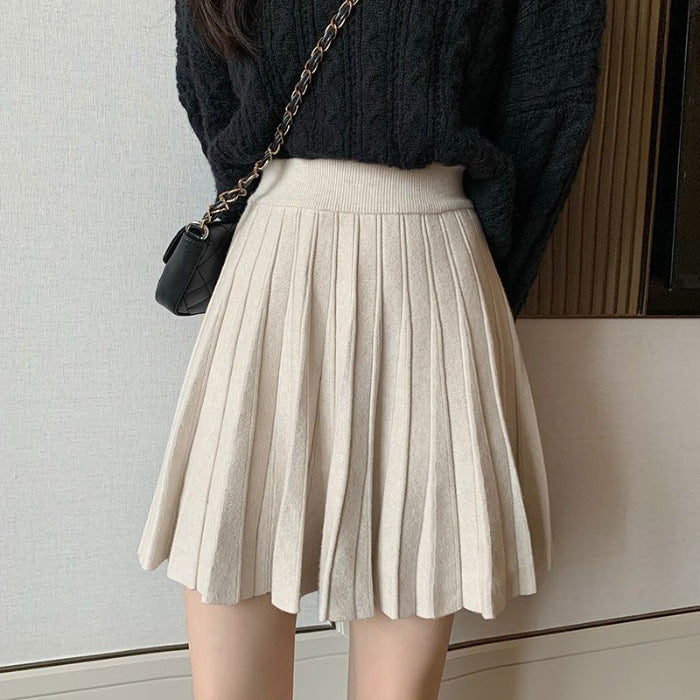 Damen Herbst- und Winterrock mit hoher Taille und gestrickten Falten