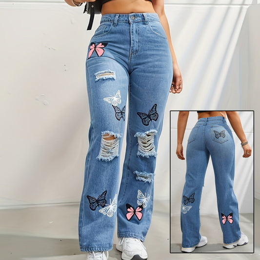 Schmetterlings-Print High-Waist-Jeans mit Rissen