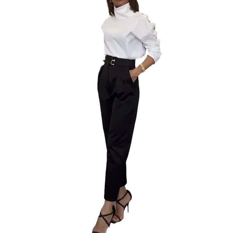 Schulterbluse und Hose Set mit hohem Kragen
